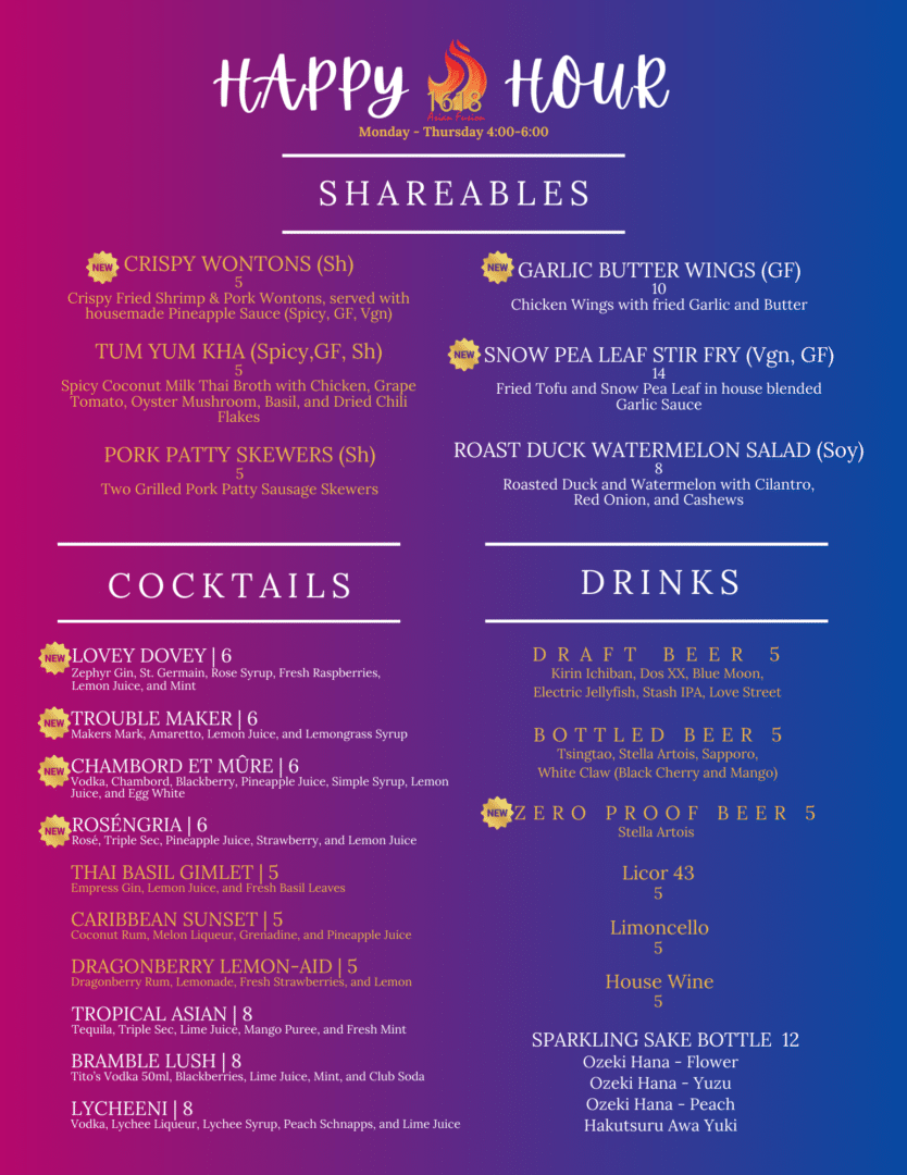 Restaurant happy hour menu with food and drinks.