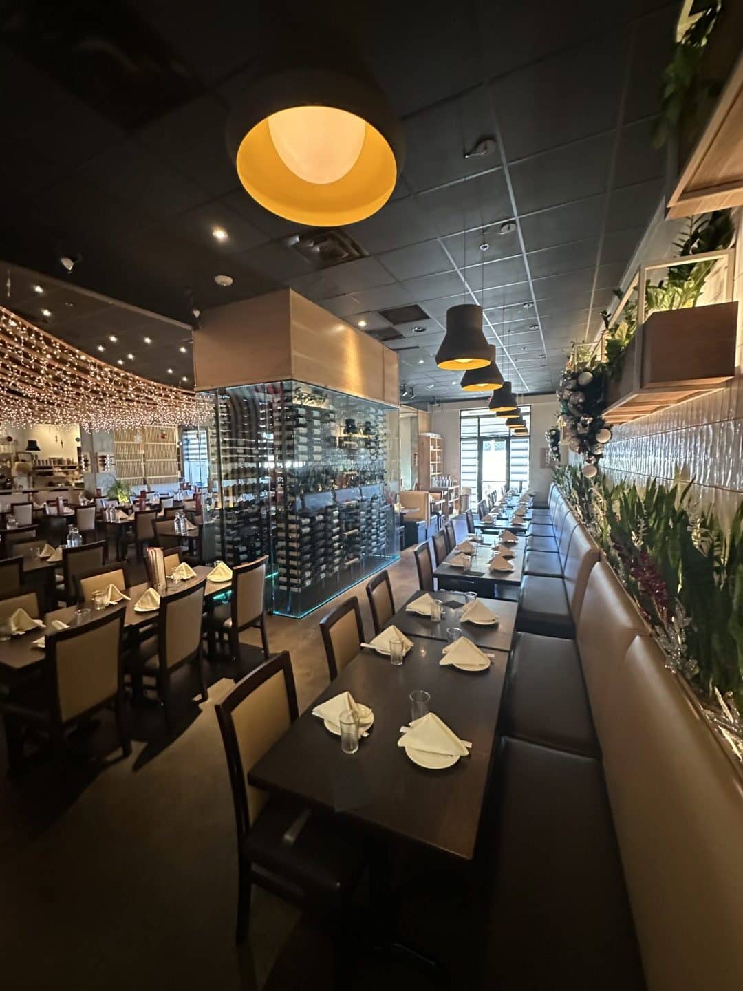 Modern restaurant interior with elegant lighting.