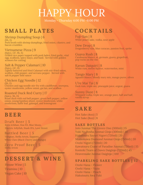 Menu featuring happy hour small plates and drinks.