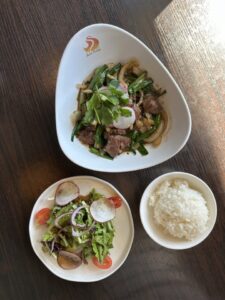 Beef dish with salad and rice on table.