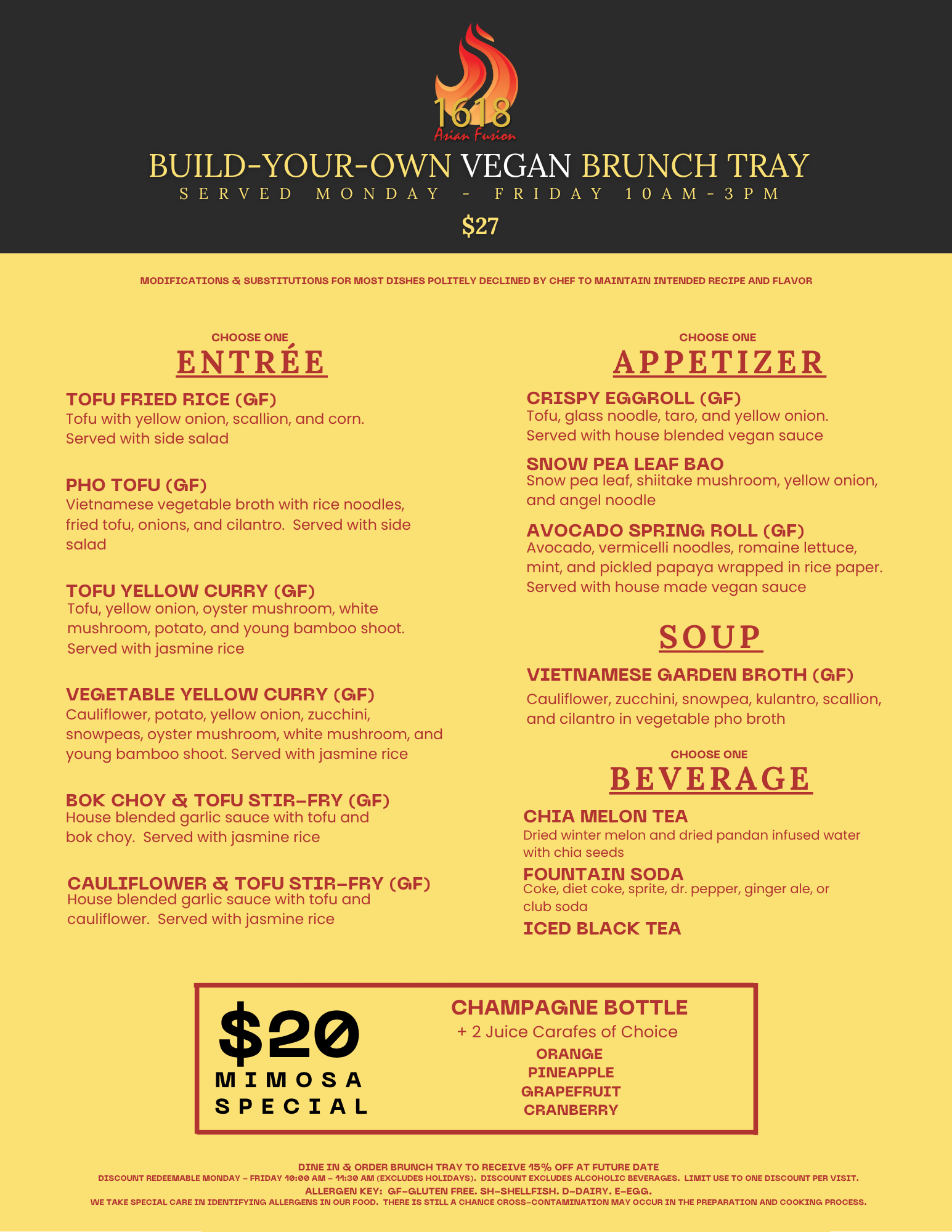 Build-your-own vegan brunch menu with appetizers and drinks.